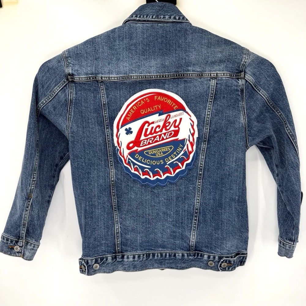 Lucky Brand Denim Jacket Womens L Blue Totally Lucky BF Trucker Back Patch